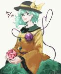  1girl asakura_noi blouse bow cowboy_shot floral_print flower green_eyes green_hair grey_background hat hat_bow heart heart_of_string koishi_day komeiji_koishi looking_at_viewer open_mouth short_hair sketch skirt smile solo third_eye touhou 