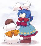  1girl :3 animal_ears blue_dress blue_hair boots bunny_tail closed_eyes commentary_request crescent dress furukawa_(yomawari) hat mittens no_nose rabbit_ears ringo_(touhou) seiran_(touhou) snow snow_boots snowman star tail touhou 