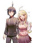  1boy 1girl :d ahoge akamatsu_kaede arm_holding arms_at_sides backpack bag bangs black_hair black_jacket black_necktie black_pants blonde_hair blush breasts clenched_hand closed_mouth collared_shirt cowboy_shot dangan_ronpa eyelashes fingernails frown hair_between_eyes hand_on_another&#039;s_arm hetero jacket kitsune_n long_hair long_sleeves looking_at_viewer looking_away medium_breasts miniskirt motion_lines musical_note musical_note_hair_ornament necktie new_dangan_ronpa_v3 open_mouth pants pleated_skirt pocket quaver red_eyes saihara_shuuichi school_uniform semiquaver shiny shiny_hair shirt side_glance simple_background skirt smile striped sweater_vest swept_bangs vertical_stripes white_background white_shirt 
