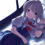  1girl air ascot backlighting blonde_hair blue_eyes hair_ribbon jewelry kamio_misuzu looking_away lying necktie on_side parted_lips pendant ponytail puffy_sleeves ribbon rosary school_uniform short_sleeves solo toshibo_(chitose_ryouta) 