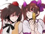  2girls asakura_noi bow brown_hair cellphone collared_shirt frown grin hair_bow hat himekaidou_hatate looking_at_another multiple_girls neck_ribbon phone red_eyes ribbon shameimaru_aya shirt short_hair sketch smile tokin_hat touhou twintails upper_body wavy_mouth white_background 