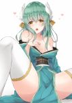  1girl bangs bare_shoulders blue_kimono blush breasts dragon_girl dragon_horns embarrassed eyebrows_visible_through_hair fate/grand_order fate_(series) green_hair hair_between_eyes hair_ornament heart highres horns japanese_clothes kimono kimono_pull kiyohime_(fate/grand_order) large_breasts legs_apart long_hair looking_at_viewer obi open_mouth pelvic_curtain sash simple_background sitting solo spread_legs thigh-highs white_background white_legwear yellow_eyes yuzuru_(hayuiop123) 