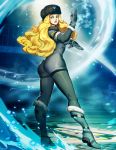  1girl ass blonde_hair blue_eyes boots fighting_stance fur_trim genzoman hat kolin long_hair looking_at_viewer pantyhose snow solo street_fighter street_fighter_v 