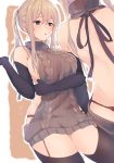  1girl alternate_costume back backless_outfit bare_shoulders black_gloves blonde_hair blue_eyes blush breasts brown_sweater cowboy_shot dress dyson_(edaokunnsaikouya) elbow_gloves eyebrows_visible_through_hair from_behind garter_straps gloves graf_zeppelin_(kantai_collection) hair_between_eyes halterneck kantai_collection large_breasts long_hair multiple_views open-back_dress ribbed_sweater sideboob skindentation sweater sweater_dress thigh-highs turtleneck turtleneck_sweater twintails virgin_killer_sweater 