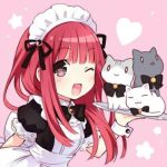  1girl apron bangs blush bow brown_eyes cat company_connection heart long_hair looking_at_viewer lowres maid maid_apron maid_headdress open_mouth red_bow ribbon seiyuu simple_background smile solo tanaka_rie tsunako 