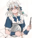  1girl apron asakura_noi blue_eyes bow bowtie braid hair_ribbon izayoi_sakuya knife maid maid_apron maid_headdress ribbon short_hair silver_hair sketch smile solo touhou tray twin_braids upper_body white_background wrist_cuffs 