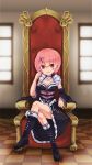  1girl alternate_color alternate_costume black_boots boots chair checkered checkered_floor commentary_request detached_sleeves dress hair_ornament highres indoors kneeboots legs_crossed looking_at_viewer oshishio pink_hair ram_(re:zero) re:zero_kara_hajimeru_isekai_seikatsu red_eyes short_hair sitting smile solo throne window x_hair_ornament 