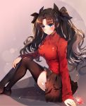  1girl baocaizi black_hair black_legwear black_ribbon black_skirt blue_eyes blush breasts fate/stay_night fate_(series) hair_ribbon highres long_hair long_legs ribbon sitting skirt skis thigh-highs tohsaka_rin twintails zettai_ryouiki 