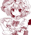  1girl ama-tou bat_wings blush bow buttons collar collarbone cup eyebrows_visible_through_hair eyelashes fingernails frills hair_between_eyes halftone hat hat_ribbon holding holding_cup looking_at_viewer mob_cap monochrome neck_ribbon puffy_short_sleeves puffy_sleeves red remilia_scarlet ribbon ribbon-trimmed_sleeves ribbon_trim saucer short_hair short_sleeves simple_background smile solo tareme tea teacup touhou upper_body white_background wings wristband 