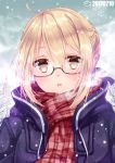  1girl 2017 :o ahoge bare_tree black_coat blonde_hair blush breath coat dated day drawstring fate/grand_order fate_(series) glasses grey-framed_eyewear heroine_x heroine_x_(alter) looking_at_viewer nyanmaru_(ememing) open_clothes open_coat outdoors parted_lips plaid plaid_scarf red_scarf saber scarf semi-rimless_glasses snowing tareme tree under-rim_glasses upper_body winter winter_clothes winter_coat yellow_eyes 