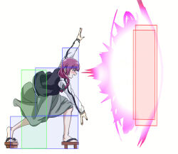  1girl :d black_jacket black_nails blunt_bangs blush bocchi_the_rock! bow dress energy fang fighting_game fingernails from_side full_body geta green_bow green_dress hair_bow hair_over_shoulder haou_shoukou_ken heel_up hiroi_kikuri hitbox jacket long_hair long_sleeves low-braided_long_hair low-tied_long_hair medium_dress multicolored_jacket nail_polish open_mouth pink_eyes pink_hair ryuuko_no_ken simple_background smile solo the_king_of_fighters torako_(toramaru) twitter_username two-tone_jacket v-shaped_eyebrows watermark white_background white_jacket yuri_sakazaki 