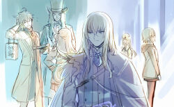  3boys 3girls aki_(neyuki41028) ascot bag blonde_hair blue_ascot blue_eyes blurry braid cape chaldea_logo chaldea_security_organization chaldea_uniform closed_eyes closed_mouth coat depth_of_field elbow_carry eyepatch fate/grand_order fate_(series) feathers flying_sweatdrops glasses gold_trim green_coat hair_between_eyes hair_over_one_eye hand_on_own_hip hat hood hooded_jacket jacket kirschtaria_wodime lab_coat lev_lainur_flauros light_blush long_hair long_sleeves looking_at_another looking_to_the_side mash_kyrielight multicolored_coat multiple_boys multiple_girls nervous_smile olga_marie_animusphere open_mouth ophelia_phamrsolone pale_color pants pantyhose partially_colored ponytail romani_archaman short_hair side_cape single_braid sketch skirt sleeves_rolled_up smile suit top_hat two-tone_coat vest white_cape white_coat white_feathers white_jacket white_pants white_suit white_vest 