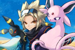  1boy blonde_hair blue_coat closed_mouth coat commentary_request curtained_hair day desert espeon looking_at_viewer male_focus on_shoulder outdoors pokemon pokemon_(creature) pokemon_colosseum pokemon_on_shoulder sand short_hair signature sky smile umbreon user_nakaling wes_(pokemon) yellow_eyes 
