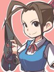  1girl antenna_hair breasts brown_eyes brown_hair fingerless_gloves gloves ibuki_(street_fighter) kunai large_breasts long_hair mr_kunimitsu ponytail school_uniform solo street_fighter weapon 