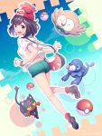  1girl ass back bag bare_legs beanie black_eyes black_hair blue_sky blush closed_eyes female_protagonist_(pokemon_sm) floral_print from_behind green_shorts hat highres legs litten niwashi_(yuyu) open_mouth poke_ball pokemon pokemon_(creature) pokemon_(game) pokemon_sm popplio rowlet shirt shoes short_hair short_sleeves shorts sky twitter_username z-ring 