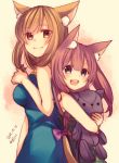  2girls animal_ears artist_name azu_torako back-to-back bangs blue_dress blue_eyes blush brown_eyes brown_hair cat_ears cat_girl cat_tail closed_mouth dated dress eyebrows_visible_through_hair holding holding_stuffed_animal long_hair looking_at_viewer multiple_girls open_mouth original signature smile stuffed_animal stuffed_cat stuffed_toy tail teeth 
