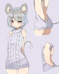  1girl abe_suke animal_ears arms_behind_back backless_outfit bangs bare_back bare_shoulders cowboy_shot cropped_legs dress grey_hair grey_sweater looking_at_viewer mouse_ears mouse_tail multiple_views naked_sweater nazrin nazrin_(touhou) open-back_dress red_eyes ribbed_sweater short_hair simple_background sweater sweater_dress tail touhou turtleneck turtleneck_sweater virgin_killer_sweater 