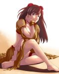  1girl bare_arms barefoot blue_eyes blush breasts brown_hair chin_rest cleavage commentary_request earrings fate/grand_order fate_(series) flower hair_flower hair_ornament hand_on_own_chin hoop_earrings ishii_hisao jewelry large_breasts long_hair looking_at_viewer mata_hari_(fate/grand_order) midriff sitting smile solo 
