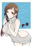  1girl backless_outfit bare_arms bare_back bare_shoulders blush breasts brown_eyes brown_hair chocolate dress grey_sweater halterneck heart idolmaster idolmaster_cinderella_girls large_breasts long_hair looking_at_viewer naked_sweater nitta_minami no_underwear open-back_dress ribbed_sweater smile solo sumeragi_kohaku sweater sweater_dress turtleneck turtleneck_sweater valentine virgin_killer_sweater 
