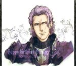  1boy armor artist_name brown_eyes character_name dated fire_emblem fire_emblem_if gunter_(fire_emblem_if) happy_birthday hotate_rayan male_focus portrait purple_hair scarf solo white_background 