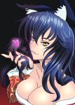  1girl ahri animal_ears bare_shoulders black_hair breasts cleavage detached_sleeves facial_mark fox_ears heart highres korean_clothes large_breasts league_of_legends lips long_hair slit_pupils solo vermillion_dice whisker_markings yellow_eyes 