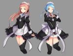  +5cm 2girls apron blue_eyes blue_hair bow dagger felicia_(fire_emblem_if) fire_emblem fire_emblem_if flora_(fire_emblem_if) grey_background highres long_hair maid maid_apron maid_headdress multiple_girls one_eye_closed pink_hair ponytail siblings simple_background sisters thigh-highs twintails weapon 