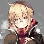  1girl ahoge black-framed_eyewear blonde_hair blush coat fate/grand_order fate_(series) glasses heroine_x heroine_x_(alter) heroine_x_alter looking_at_viewer looking_away necomi_(gussan) saber scarf semi-rimless_glasses short_hair smile solo under-rim_glasses upper_body yellow_eyes 