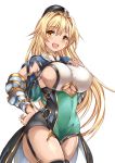  1girl absurdres blonde_hair blush breasts cleavage covered_navel curvy granblue_fantasy hair_between_eyes hat highres large_breasts leotard long_hair looking_at_viewer miimu miimu_(granblue_fantasy) open_mouth sideboob smile solo thick_thighs thigh-highs uchida_shou under_boob vambraces very_long_hair wide_hips yellow_eyes 