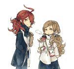  1boy 1girl bag bow brown_eyes brown_hair coat coffee fire_emblem fire_emblem_if fur_trim hair_ornament hotate_rayan kazahana_(fire_emblem_if) long_hair paper_bag ponytail red_eyes redhead scarf simple_background tsubaki_(fire_emblem_if) white_background 