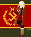 1girl 2016 ;) absurdres arms_behind_back artist_name black_legwear black_shirt blonde_hair blue_eyes boots brown_coat clara_(girls_und_panzer) coat dated emblem flag_background full_body girls_und_panzer head_tilt highres long_hair long_sleeves looking_at_viewer number one_eye_closed open_clothes open_coat pantyhose plaid plaid_scarf pravda_(emblem) red_skirt redrum_(haghighiaria25) salute scarf shirt skirt smile solo standing stirrups 