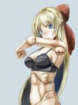  1girl bare_shoulders black_bra blonde_hair blue_hair bottomless bow bra breast_press breasts doll_joints grey_background hair_bow long_hair looking_at_viewer ribs shanghai_doll solo touhou underwear upper_body yohane 