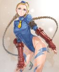  1girl ahoge alternate_costume armband blonde_hair blue_eyes blue_leotard bodypaint braid breasts cammy_white cowboy_shot cropped_legs elbow_gloves feet_out_of_frame female fingerless_gloves forehead garrison_cap gloves hand_on_own_thigh hat highleg highleg_leotard huge_ahoge keg leaning_forward leotard long_hair looking_away necktie red_gloves ribbed_leotard scar shoulder_pads smile solo street_fighter street_fighter_zero_(series) thighs turtleneck turtleneck_leotard twin_braids very_long_hair 