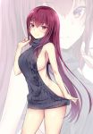 1girl backless_outfit bare_shoulders breasts dress eyebrows_visible_through_hair fate/grand_order fate_(series) grey_sweater kaetzchen large_breasts long_hair looking_at_viewer naked_sweater no_bra no_panties no_underwear open-back_dress purple_hair red_eyes scathach_(fate/grand_order) sideboob smile solo sweater sweater_dress thighs turtleneck turtleneck_sweater virgin_killer_sweater zoom_layer