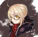  1girl 2017 ahoge blonde_hair braid dated face fate/grand_order fate_(series) french_braid glasses heroine_x heroine_x_(alter) highres jacket looking_at_viewer mhg_(hellma) plaid plaid_scarf portrait red_scarf saber scarf semi-rimless_glasses short_hair solo yellow_eyes 