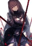  1girl absurdres armor bodysuit breasts fate/grand_order fate_(series) gae_bolg highres holding holding_weapon kumamoto_nomii-kun large_breasts long_hair looking_at_viewer pauldrons petals polearm purple_bodysuit purple_hair red_eyes scathach_(fate/grand_order) shoulder_armor solo spear weapon white_background 
