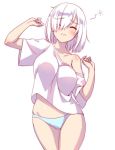  1girl bare_shoulders blue_panties blush breasts closed_eyes eyebrows_visible_through_hair hair_over_one_eye hamakaze_(kantai_collection) hands_up kantai_collection large_breasts loose_shirt off_shoulder panties pochadon shiny_skin shirt short_hair simple_background solo underwear white_background white_hair white_shirt 
