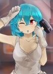  blacksmith blue_hair breasts cleavage commentary_request gloves hammer highres one_eye_closed red_eyes short_hair sweat tank_top tatara_kogasa touhou tyouseki 