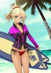  1girl beach bikini blonde_hair breasts cleavage collarbone dark_skin fate/grand_order fate_(series) green_eyes groin hair_ornament hair_scrunchie high_ponytail highres jacket long_hair looking_at_viewer mordred_(swimsuit_rider)_(fate) navel open_clothes open_jacket outdoors palm_tree red_bikini red_scrunchie saber_of_red scrunchie side-tie_bikini sky smile solo swimsuit tree 