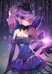  1girl arm_behind_back bare_shoulders blush breasts choker cleavage dress elbow_gloves elementalist_lux fake_wings gloves hanato_(seonoaiko) hat head_tilt league_of_legends long_hair luxanna_crownguard medium_breasts purple_dress purple_gloves purple_hair short_dress side_ponytail solo staff strapless strapless_dress violet_eyes wavy_mouth wings 