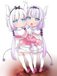  2girls ass bangs beads black_bow blue_eyes blunt_bangs blush bow capelet child dragon_girl dragon_horns dragon_tail dress dress_lift dual_persona full_body hair_beads hair_bow hair_ornament hairband highres horns hug kanna_kamui kobayashi-san_chi_no_maidragon lavender_hair long_hair looking_at_viewer makuran monster_girl multiple_girls open_mouth panties pink_shoes selfcest shoes short_dress silver_hair standing tail thigh-highs tied_hair twintails underwear white_eyelashes white_legwear white_panties yuri 