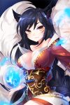  1girl ahri animal_ears bare_shoulders black_hair breasts cleavage detached_sleeves facial_mark fingernails fox_ears fox_tail korean_clothes large_breasts league_of_legends lips long_hair multiple_tails slit_pupils solo tail whisker_markings yellow_eyes 