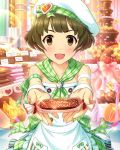  1boy akizuki_ryou apron artist_request banana bangs beret blush bow brown_eyes brown_hair chocolate collarbone crossdressinging dress food fruit hat idolmaster idolmaster_cinderella_girls idolmaster_dearly_stars looking_at_viewer male_focus official_art open_mouth patissier smile solo sweets thank_you trap valentine wrist_cuffs 