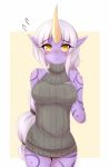  1girl :o aran_sweater arm_behind_back ayatori_(aytr) blush breasts hand_on_breast highres horn large_breasts league_of_legends long_hair looking_at_viewer multi-tied_hair pointy_ears ponytail purple_skin ribbed_sweater solo soraka sweatdrop sweater tattoo very_long_hair white_hair yellow_eyes 