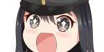  +_+ 1girl akitsu_maru_(kantai_collection) black_eyes black_hair black_hat close-up hat kantai_collection looking_at_viewer no_nose open_mouth peaked_cap short_hair simple_background sin-poi solo sparkling_eyes symbol-shaped_pupils white_background 