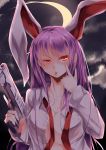  1girl akanbe animal_ears breasts cleavage clouds crescent_moon extra_ears glowing glowing_eyes gun highres kanzakietc large_breasts lavender_hair long_hair moon necktie night open_clothes open_shirt rabbit_ears red_eyes reisen_udongein_inaba shirt solo tongue tongue_out touhou trigger_discipline weapon 