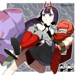  1boy 1girl blush breasts carrying fate/grand_order fate_(series) fuuma_kotarou_(fate/grand_order) horns japanese_clothes kana navel oni oni_horns open_mouth princess_carry purple_hair short_hair shuten_douji_(fate/grand_order) small_breasts twitter_username violet_eyes 