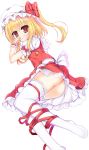  1girl ass blonde_hair bow dress eyebrows_visible_through_hair flandre_scarlet hat highres long_hair looking_at_viewer red_bow red_dress red_eyes red_ribbon ribbon simple_background solo thigh-highs touhou vivian_(lancerhd) white_background white_hat white_legwear wrist_cuffs 