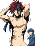  2boys armpits bare_chest blue_eyes blue_hair fire_emblem fire_emblem_heroes highres jojo_no_kimyou_na_bouken looking_at_viewer marth multiple_boys muscle nipples redhead roy_(fire_emblem) simple_background tiara white_background 