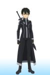  1boy black_eyes black_gloves black_hair cape clenched_hands fingerless_gloves full_body gloves highres kirito kirito_(sao-alo) looking_at_viewer official_art pointy_ears sheath sheathed simple_background smile solo spiky_hair sword_art_online sword_behind_back white_background 