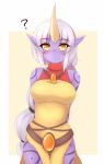  1girl ? arms_behind_back ayatori_(aytr) blush breasts frown highres horn large_breasts league_of_legends long_hair looking_at_viewer multi-tied_hair pointy_ears ponytail purple_skin solo soraka tattoo very_long_hair white_hair yellow_eyes 
